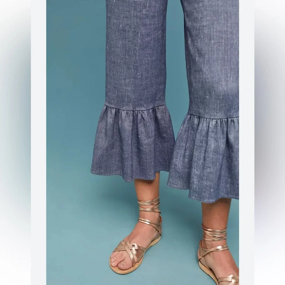 Anthropologie Ett Twa Chambray Linen Ruffle Crop Pants - Picture 3 of 16